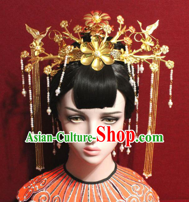 Traditional Chinese Ancient Queen Hanfu Golden Flowers Phoenix Coronet Bride Hairpins Handmade Wedding Hair Accessories for Women