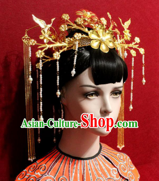 Traditional Chinese Ancient Queen Hanfu Golden Flowers Phoenix Coronet Bride Hairpins Handmade Wedding Hair Accessories for Women