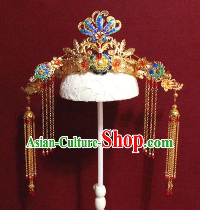 Traditional Chinese Ancient Queen Hanfu Cloisonne Phoenix Coronet Bride Hairpins Handmade Wedding Hair Accessories for Women