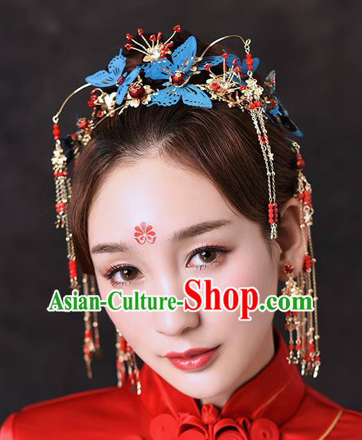 Traditional Chinese Ancient Hanfu Blue Butterfly Hair Crown Bride Hairpins Handmade Wedding Hair Accessories for Women