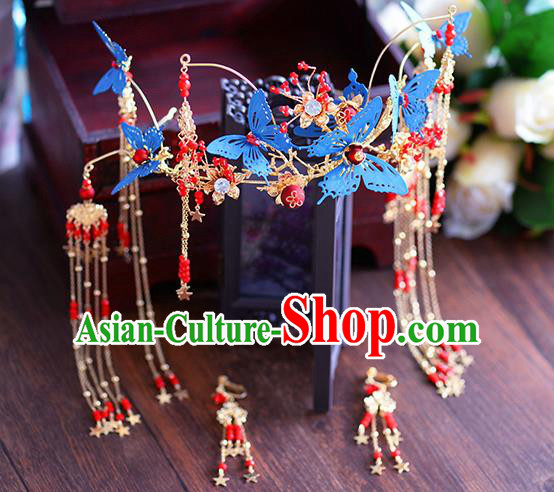 Traditional Chinese Ancient Hanfu Blue Butterfly Hair Crown Bride Hairpins Handmade Wedding Hair Accessories for Women