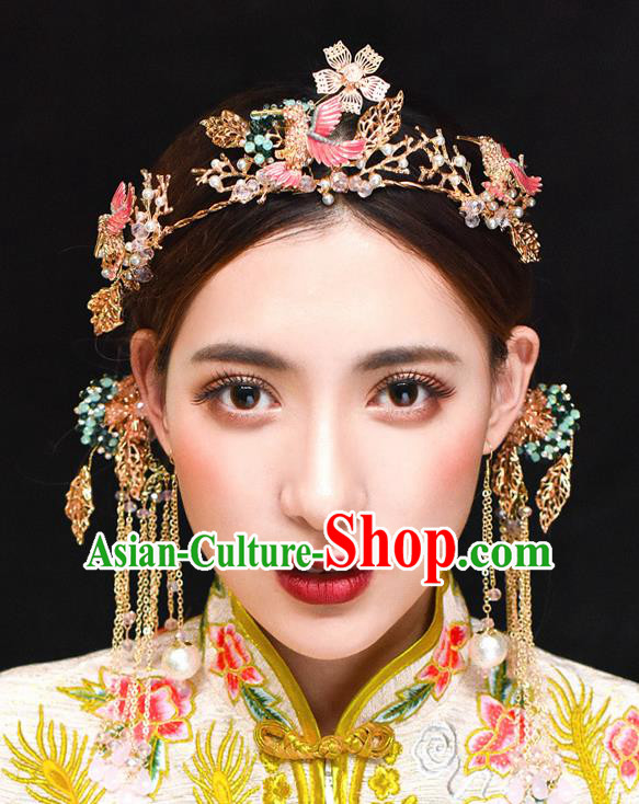 Traditional Chinese Ancient Hanfu Pink Woodpecker Hair Clasp Bride Hairpins Handmade Wedding Hair Accessories for Women