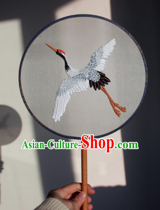 Traditional Chinese Ancient Palace Fans Handmade Hanfu Embroidered Crane Round Fan for Women