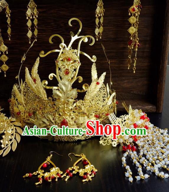 Traditional Chinese Ancient Bride Phoenix Coronet Tassel Hairpins Handmade Wedding Hair Accessories for Women