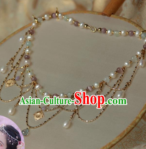 Traditional Chinese Ancient Palace Pearls Tassel Necklace Handmade Hanfu Wedding Jewelry Accessories for Women