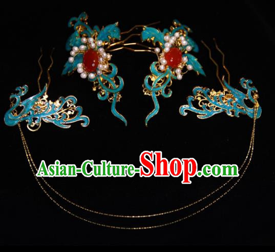 Traditional Chinese Ancient Qing Dynasty Blueing Hairpins Handmade Wedding Hair Accessories for Women