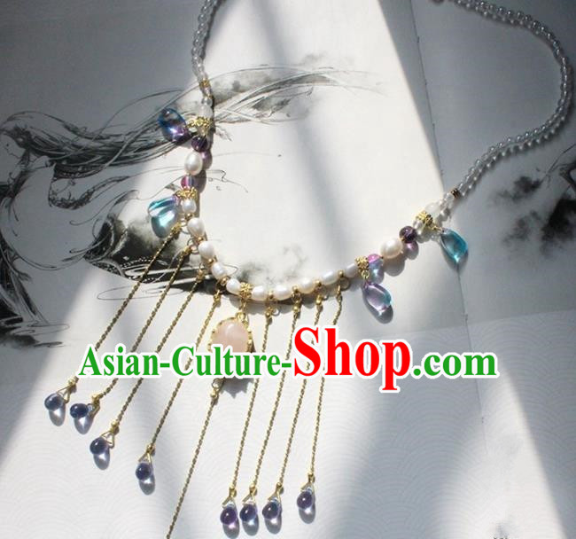 Handmade Chinese Ancient Palace Pearls Tassel Necklace Traditional Hanfu Wedding Jewelry Accessories for Women