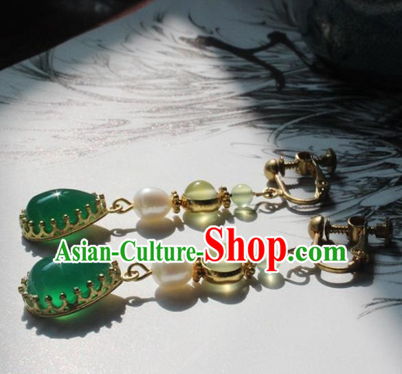 Handmade Chinese Ancient Princess Pearl Green Crystal Earrings Traditional Hanfu Jewelry Accessories for Women