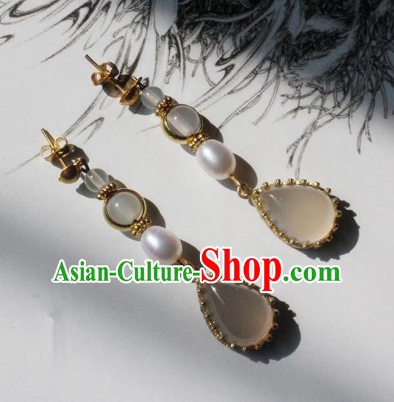 Handmade Chinese Ancient Princess Pearl Rose Chalcedony Earrings Traditional Hanfu Jewelry Accessories for Women