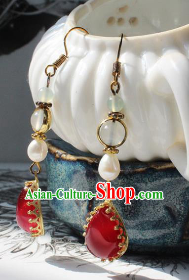 Handmade Chinese Ancient Princess Pearl Red Crystal Earrings Traditional Hanfu Jewelry Accessories for Women