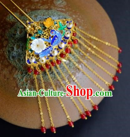 Traditional Chinese Ancient Princess Blueing Birds Tassel Hair Clip Hairpins Handmade Hanfu Hair Accessories for Women