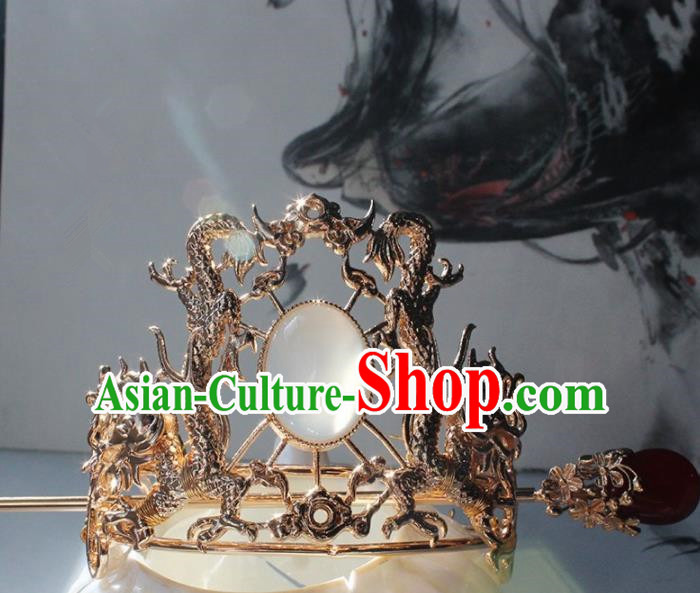 Traditional Chinese Ancient Hanfu Golden Dragon Opal Hair Crown Princess Hairpins Handmade Hair Accessories for Women