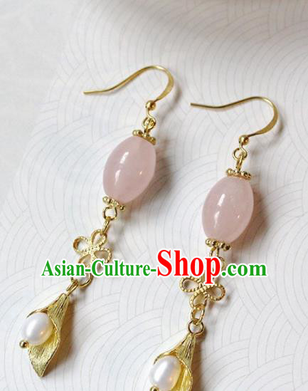 Handmade Chinese Ancient Princess Rose Chalcedony Earrings Traditional Hanfu Jewelry Accessories for Women