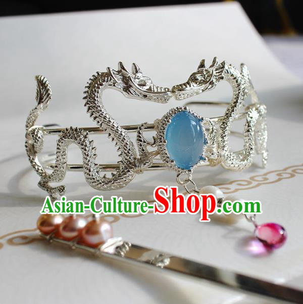 Traditional Chinese Ancient Hanfu Blue Chalcedony Dragon Hair Crown Princess Hairpins Handmade Hair Accessories for Women