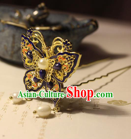 Traditional Chinese Ancient Hanfu Blueing Butterfly Tassel Hair Clip Princess Hairpins Handmade Hair Accessories for Women