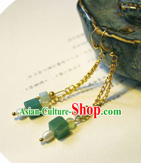 Handmade Chinese Ancient Princess Jade Pearl Earrings Traditional Hanfu Jewelry Accessories for Women