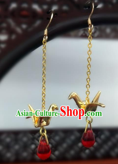 Traditional Chinese Ancient Wedding Hanfu Golden Crane Earrings Handmade Jewelry Accessories for Women