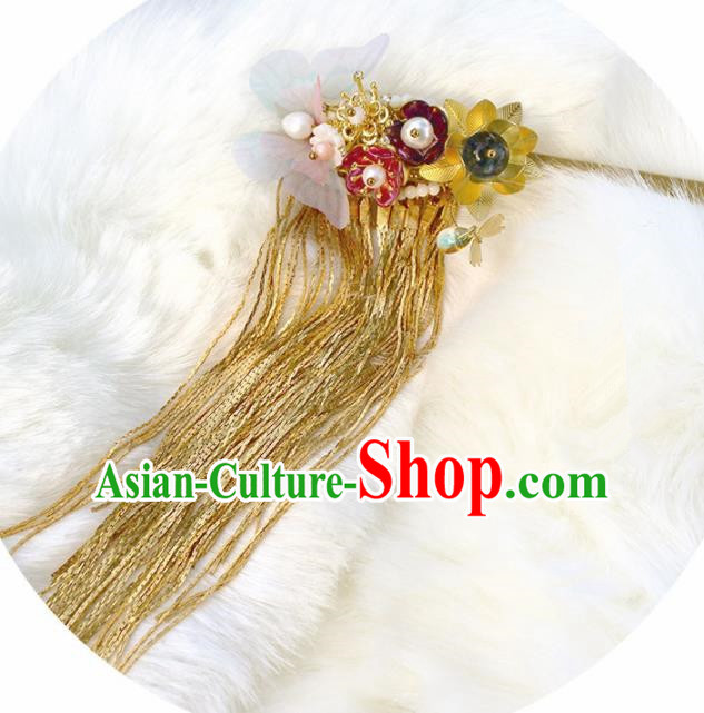 Chinese Ancient Hanfu Silk Butterfly Hair Clip Princess Golden Tassel Hairpins Traditional Handmade Hair Accessories for Women