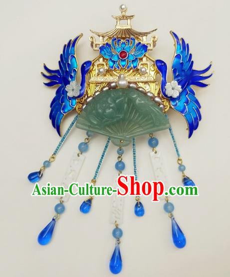 Traditional Chinese Ancient Queen Hanfu Cloisonne Crane Hair Crown Jade Hairpins Handmade Wedding Hair Accessories for Women