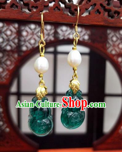 Traditional Chinese Ancient Hanfu Green Calabash Tassel Earrings Handmade Wedding Jewelry Accessories for Women