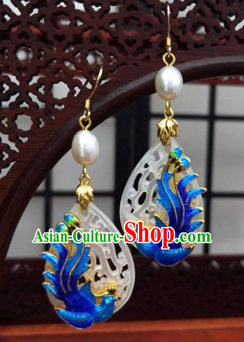 Traditional Chinese Ancient Hanfu Cloisonne Phoenix Jade Earrings Handmade Wedding Jewelry Accessories for Women