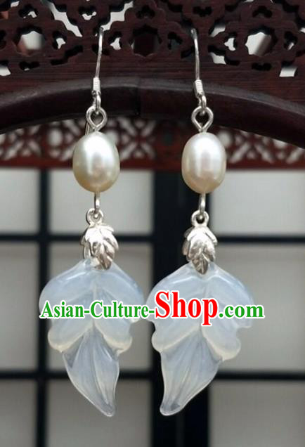 Traditional Chinese Ancient Hanfu Leaf Pearl Earrings Handmade Wedding Jewelry Accessories for Women