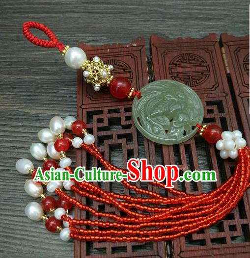 Traditional Chinese Ancient Wedding Jade Brooch Handmade Hanfu Palace Breastpin Tassel Pendant for Women