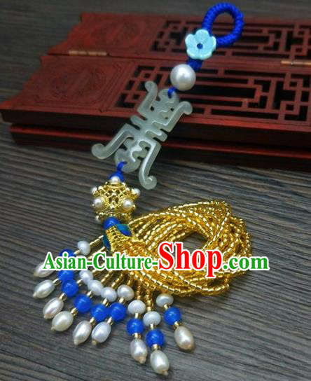 Traditional Chinese Ancient Palace Jade Brooch Handmade Hanfu Breastpin Tassel Pendant for Women