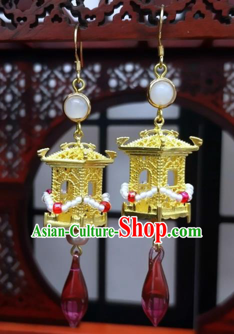 Traditional Chinese Ancient Hanfu Golden Palace Earrings Handmade Wedding Jewelry Accessories for Women