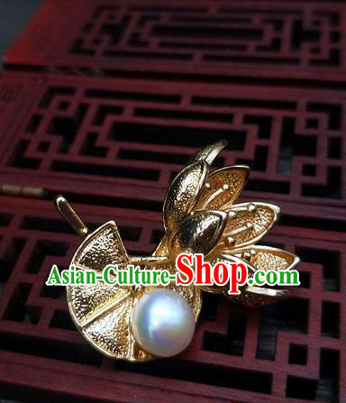 Traditional Chinese Ancient Palace Golden Lotus Brooch Handmade Hanfu Breastpin Pendant for Women