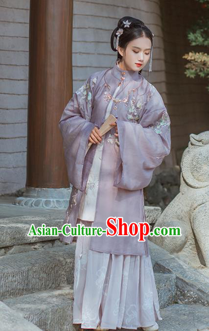 Chinese Ming Dynasty Nobility Dowager Historical Costume Traditional Ancient Purple Embroidered Hanfu Dress for Women