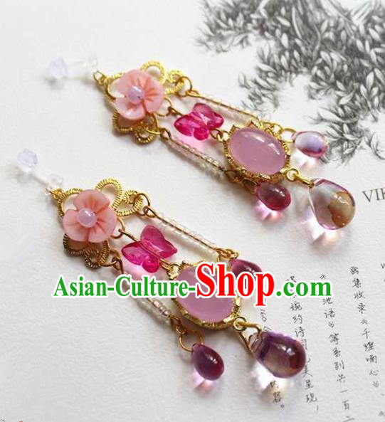 Handmade Chinese Ancient Princess Rose Chalcedony Earrings Traditional Hanfu Jewelry Accessories for Women