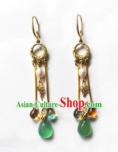 Handmade Chinese Ancient Princess Pearl Golden Earrings Traditional Hanfu Jewelry Accessories for Women