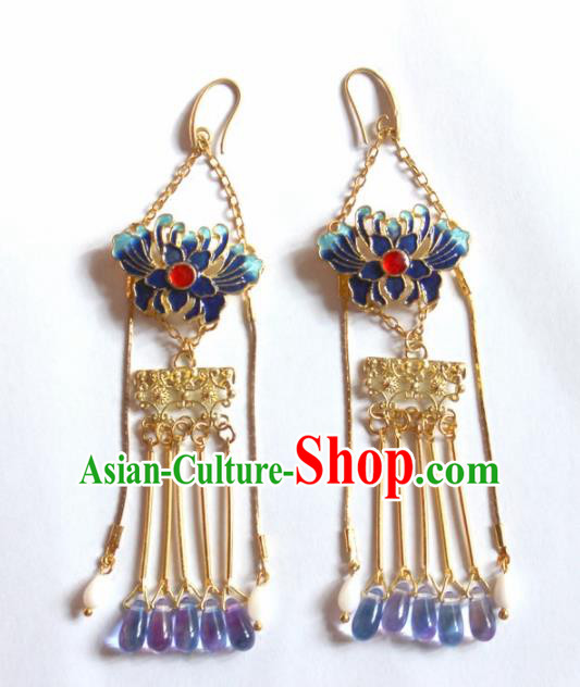 Handmade Chinese Ancient Princess Blueing Chrysanthemum Earrings Traditional Hanfu Jewelry Accessories for Women