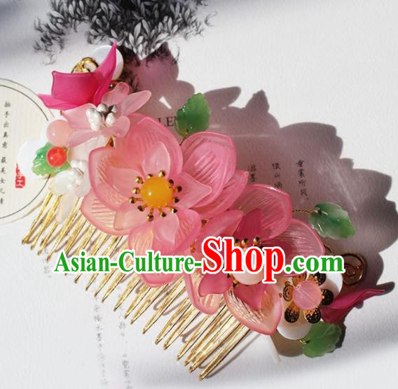 Chinese Ancient Hanfu Pink Lotus Hair Comb Princess Hairpins Traditional Handmade Hair Accessories for Women