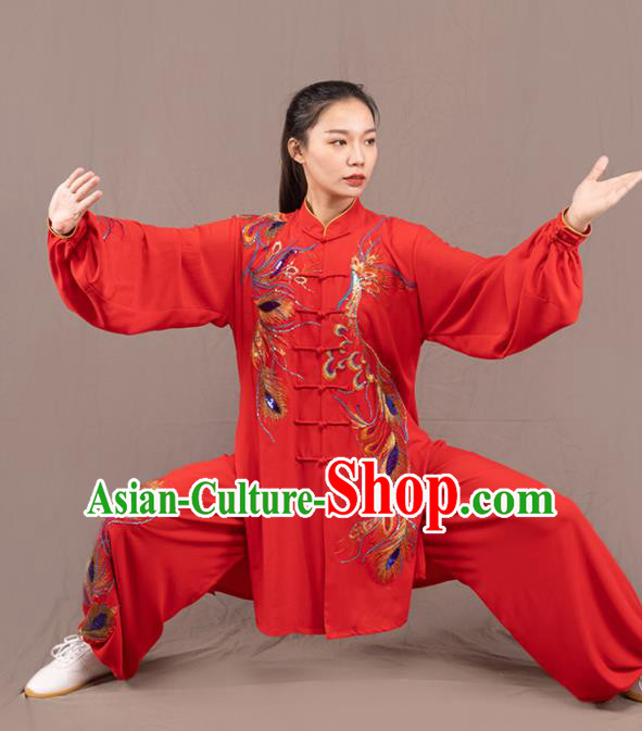 Traditional Chinese Martial Arts Embroidered Phoenix Red Costume Professional Tai Chi Competition Kung Fu Uniform for Women