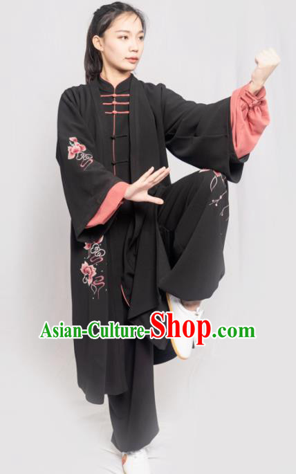 Traditional Chinese Martial Arts Embroidered Peony Black Costume Professional Tai Chi Competition Kung Fu Uniform for Women