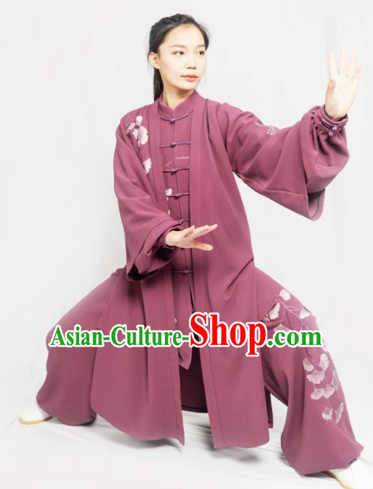 Traditional Chinese Martial Arts Embroidered Ginkgo Purple Costume Professional Tai Chi Competition Kung Fu Uniform for Women