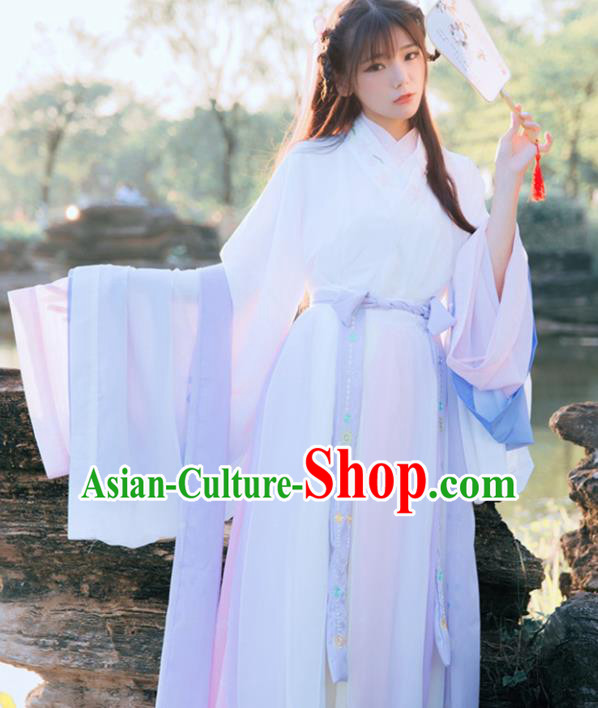 Chinese Traditional Historical Costume Ancient Jin Dynasty Court Princess Embroidered Hanfu Dress for Women