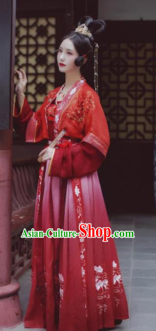 Chinese Traditional Tang Dynasty Princess Wedding Historical Costume Ancient Court Embroidered Red Hanfu Dress for Women