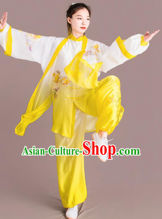 Traditional Chinese Martial Arts Embroidered Yellow Costume Professional Tai Chi Competition Kung Fu Uniform for Women