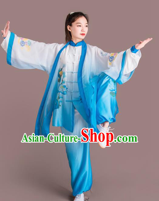 Traditional Chinese Martial Arts Embroidered Cloud Blue Costume Professional Tai Chi Competition Kung Fu Uniform for Women