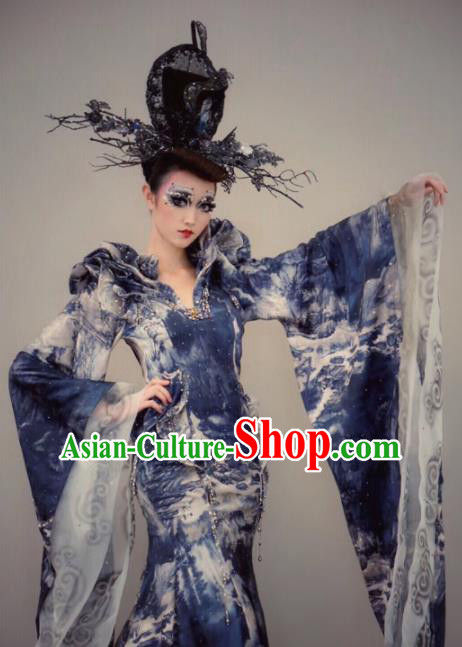 Traditional Chinese Fancy Ball Costume Stage Show Modern Fancywork Blue Dress for Women