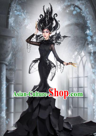 Handmade Halloween Fancy Ball Costume Stage Show Modern Fancywork Cosplay Queen Black Full Dress for Women