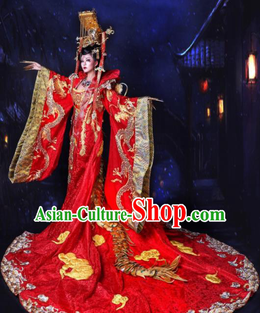 Traditional Chinese Cosplay Queen Red Costume Stage Show Modern Fancywork Dress for Women