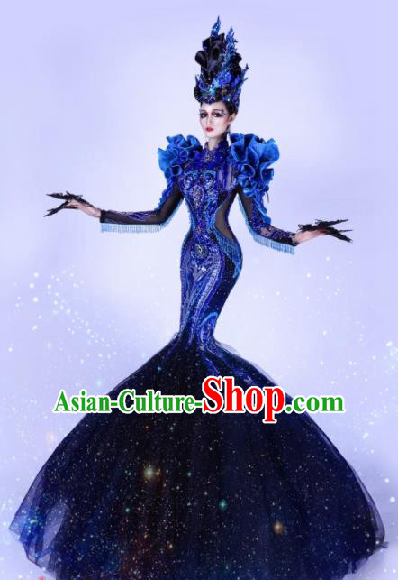 Handmade Modern Fancywork Cosplay Queen Royalblue Veil Full Dress Halloween Stage Show Fancy Ball Costume for Women