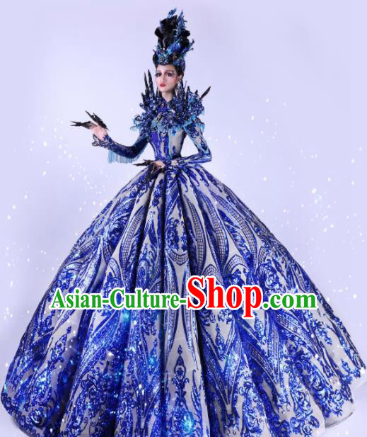 Handmade Modern Fancywork Cosplay Queen Blue Full Dress Halloween Stage Show Fancy Ball Costume for Women