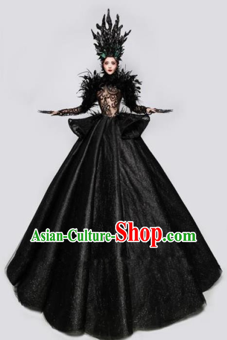 Handmade Modern Fancywork Cosplay Witch Queen Black Full Dress Halloween Stage Show Fancy Ball Costume for Women