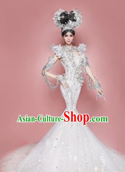 Handmade Modern Fancywork Cosplay Queen White Trailing Full Dress Halloween Stage Show Fancy Ball Costume for Women