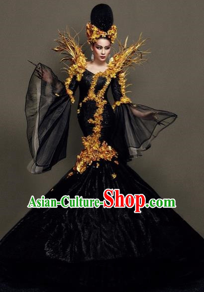 Handmade Modern Fancywork Cosplay Queen Black Veil Trailing Full Dress Halloween Stage Show Fancy Ball Costume for Women